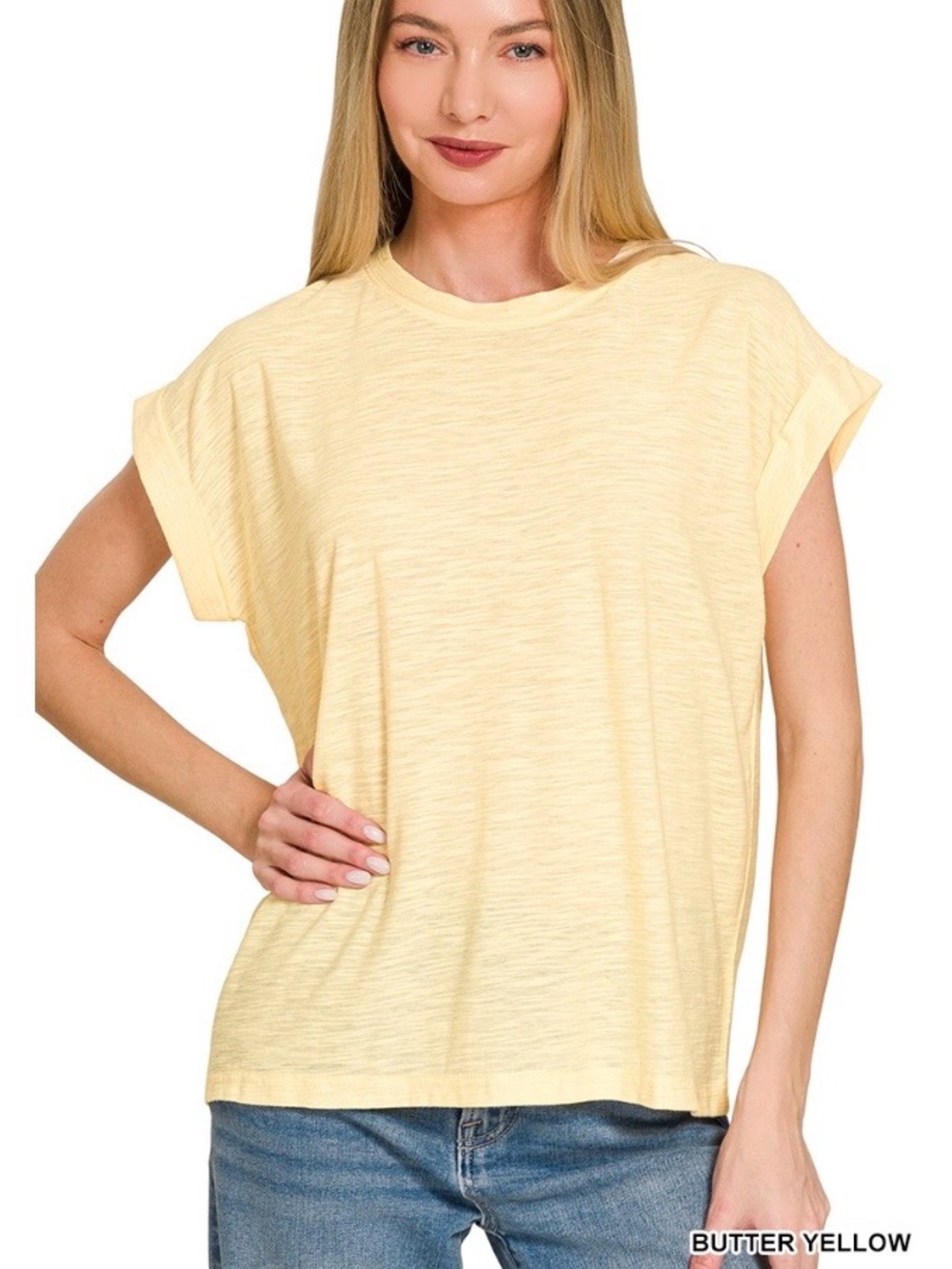 Butter Yellow Women's Rolled-Sleeve Tee SLUB CUFFED SLEEVE TEE